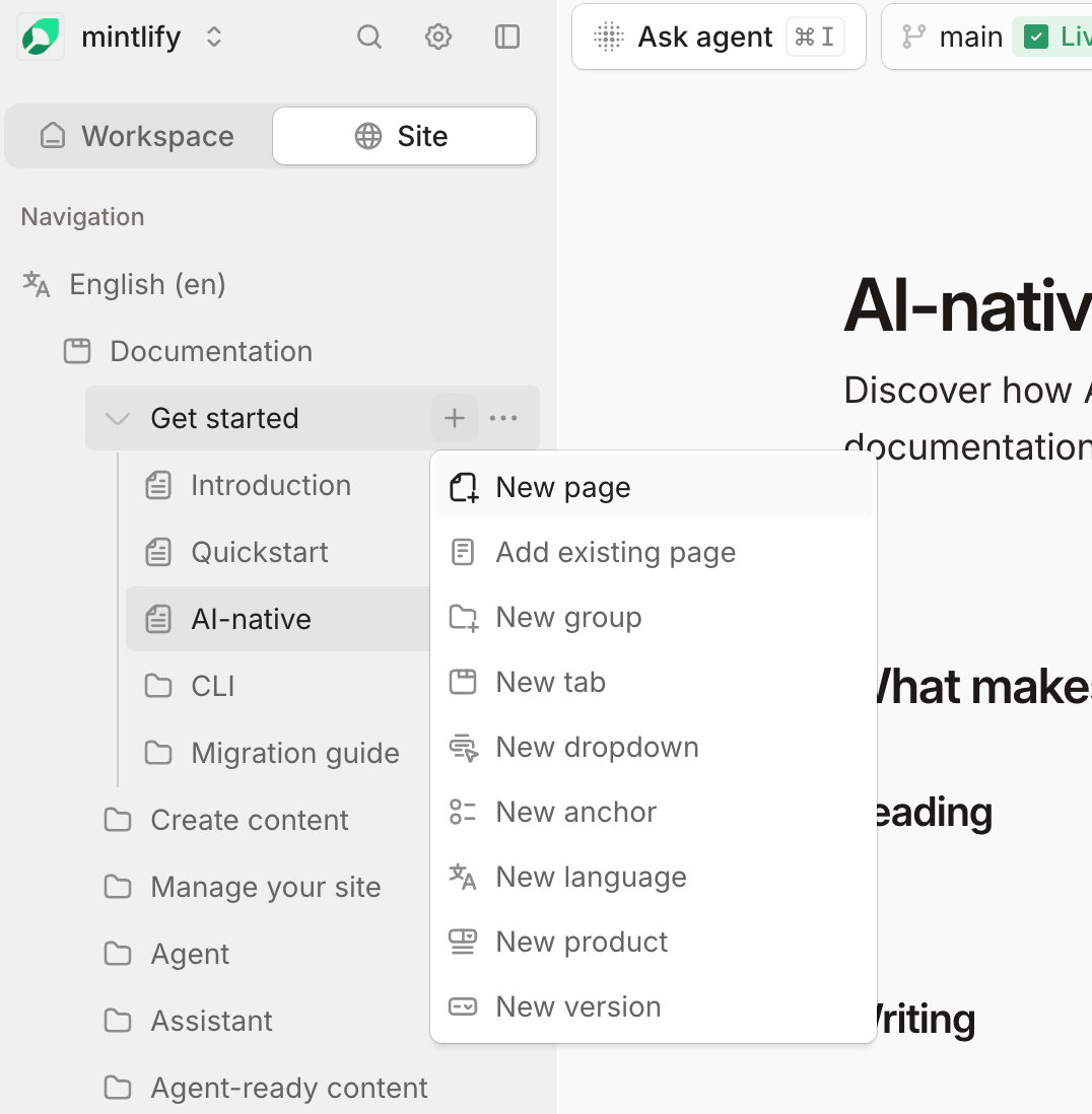 The add page menu opened beside a group in the editor.