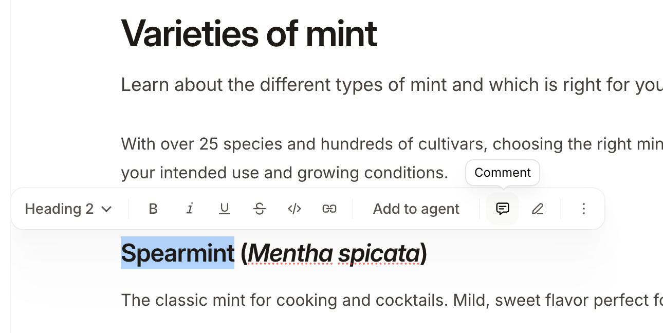 The comment button in the floating toolbar above selected text in the editor.