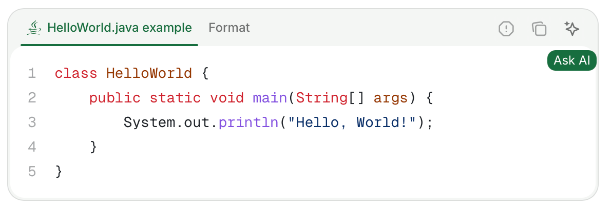 The Ask Assistant button in a code block in light mode.