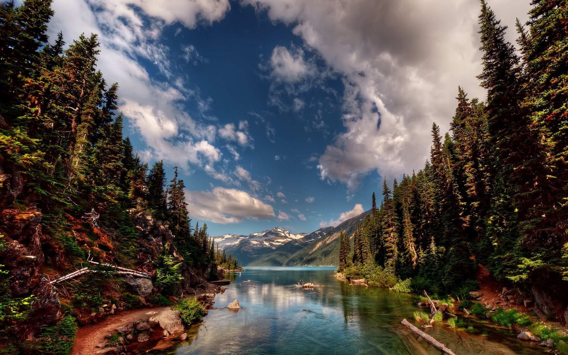 Photograph of a lake surrounded by trees with mountains in the distance in Yellowstone National Park.